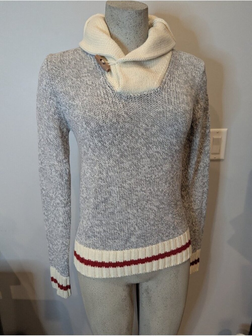Sock Monkey Style Cowl Neck Sweater Gray & Ivory With Red Strip Cuffs Size Xs — image 3 of 7